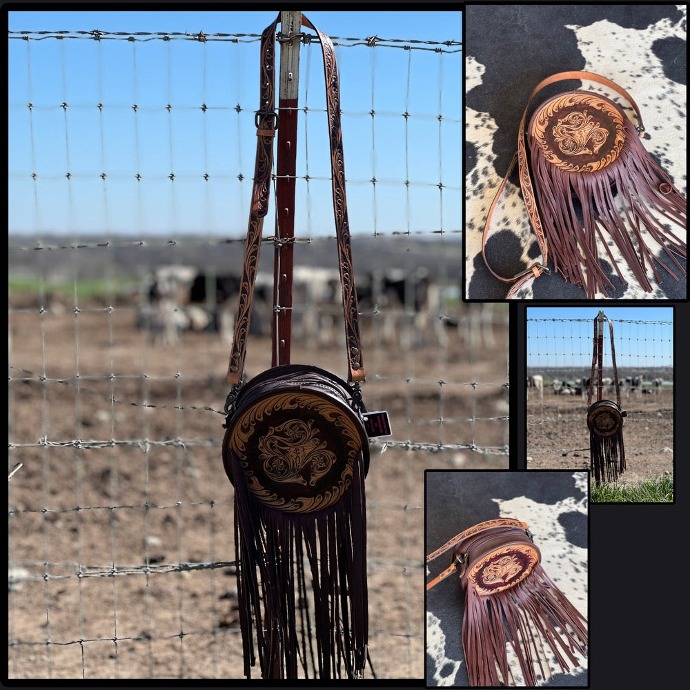 Maroon Tooled Fringe Canteen Bag